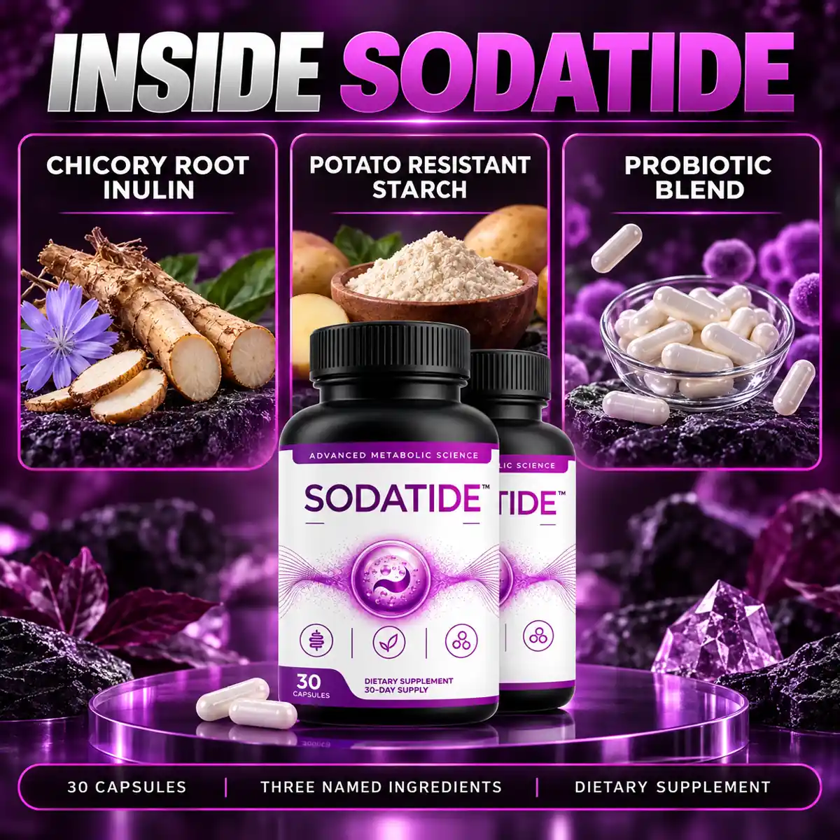 The vendor's INSIDE SODATIDE graphic naming chicory root inulin, potato resistant starch and a probiotic blend around two bottles
