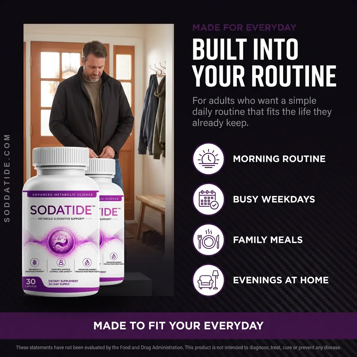 A man in his forties at the front door with two SodaTide bottles beside four everyday-use icons: morning routine, busy weekdays, family meals, evenings at home
